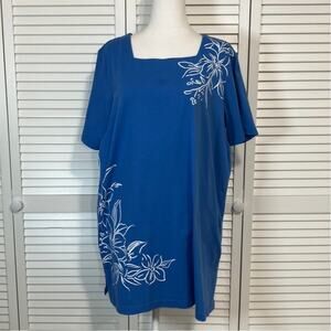 Blair Anytime Boho Indigo Blue White Floral Graphic Tunic Blouse Women XLG